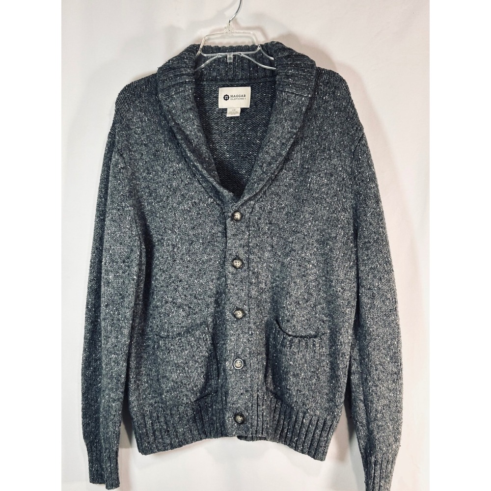 Haggar Mens Shawl‎ Collar Cardigan Sweater Gray Marl Knit Button Front Large